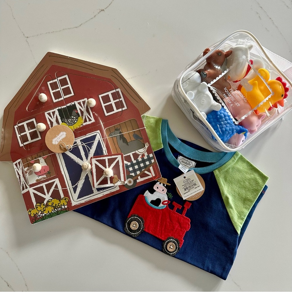 NWT Farm-Themed 2T-3T Tractor Shirt, Puzzle Activity Board, & Bath Toy Bundle